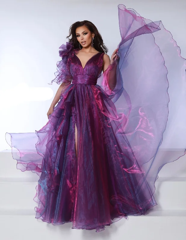 Statement dresses for making a fashion statementJohnathan Kayne 3014 Size 2 Boysenberry Prom Dress Long A Line Ruffle Iridescent V Neck Formal Evening Gown
