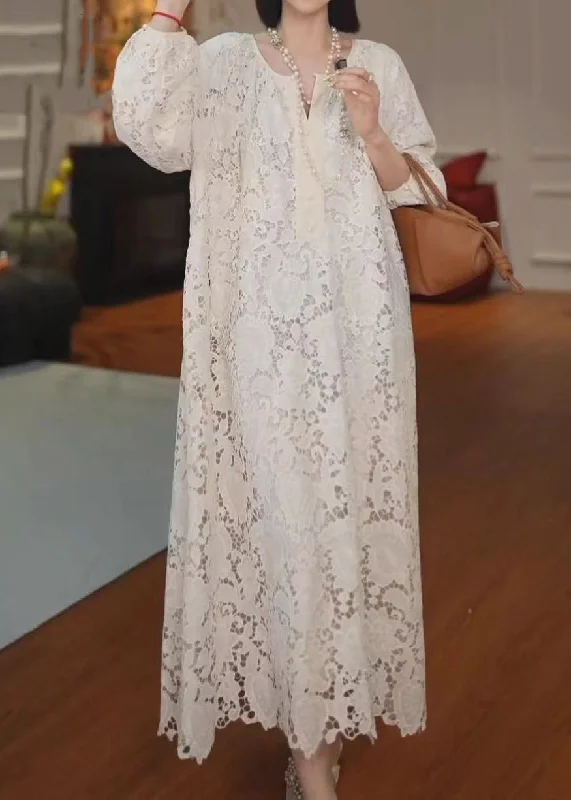 High-slit dresses for womenFrench Versatile Beige Hollow Out Lace Long Dress Summer