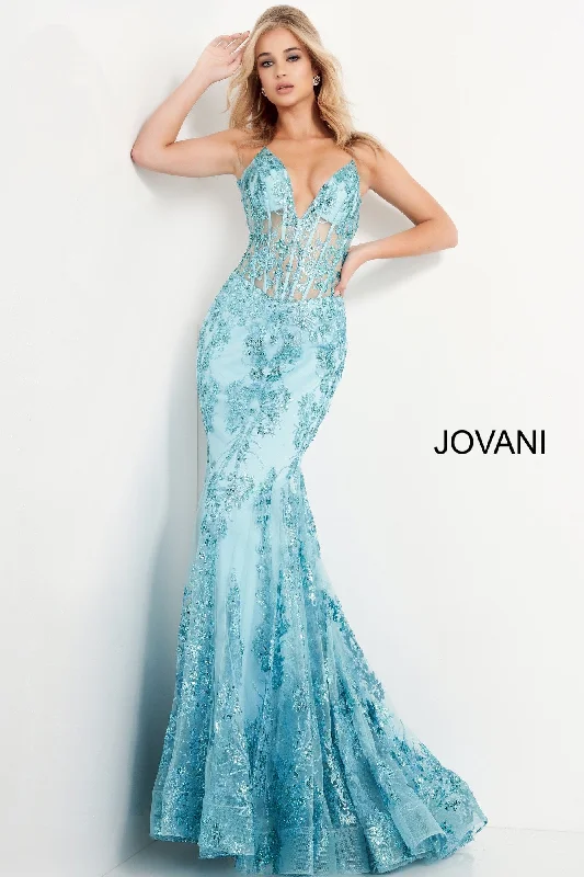 Long flowy dresses for womenJovani 3675 Long Prom Dress Sheer Corset Shimmer Mermaid Pageant Gown