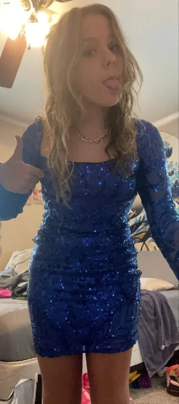Godet dresses for womenSequin Long Sleeve Bodycon Dress,Sexy Blue Homecoming Dress Y6269