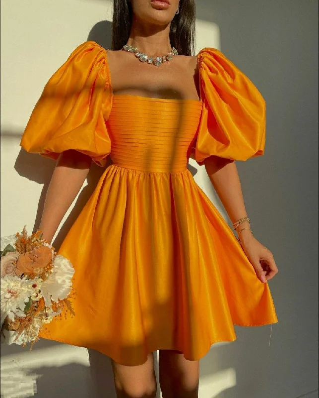 Loose-fitting dresses for womenRetro Style Orange Puff Sleeve A-line Homecoming Dress,Orange Cocktail Dress Y5064