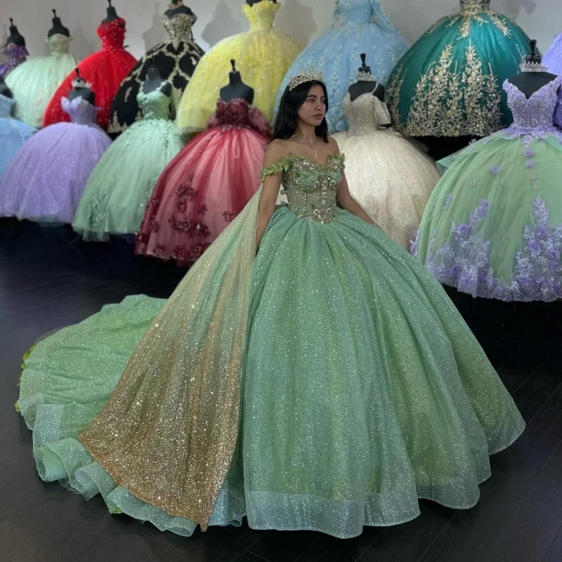 formal women's attire setsPrincess Sage Green Puffy Quinceanera Dresses Applique Beads With Cape Corset Sweet 16 Dress Vestidos De 15 Anos 15th Birthday