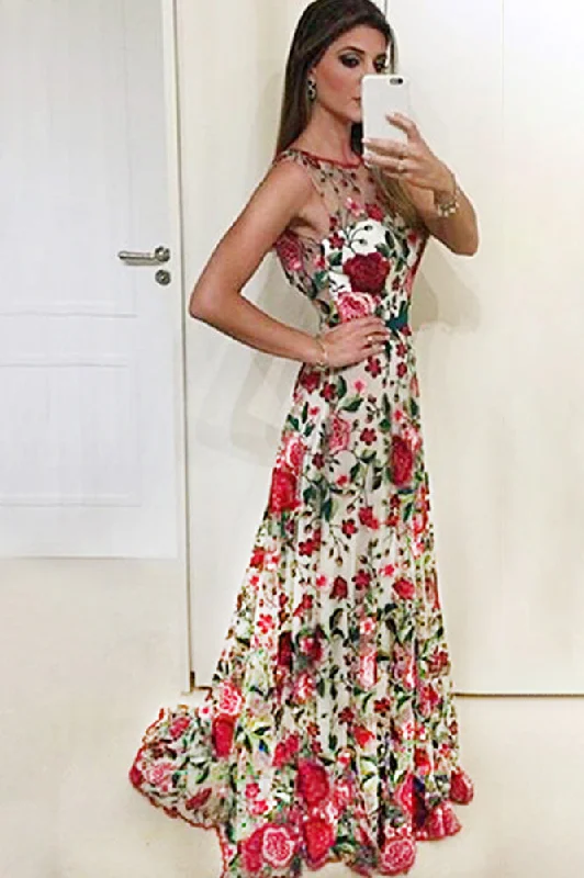 Mini dresses for womenA Line Sleeveless Embroidery Long Evening Dress with Red Flowers N1408