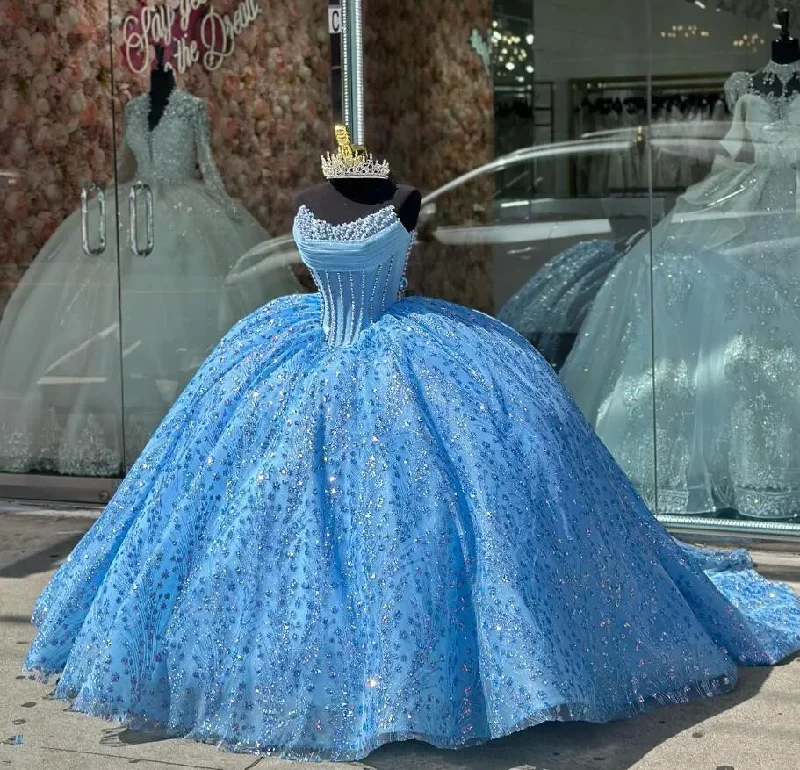 women's suit sets with stripesIce Blue Sparkly Princess Quinceanera Dresses Boning Corset Pearls Beaded Gillter