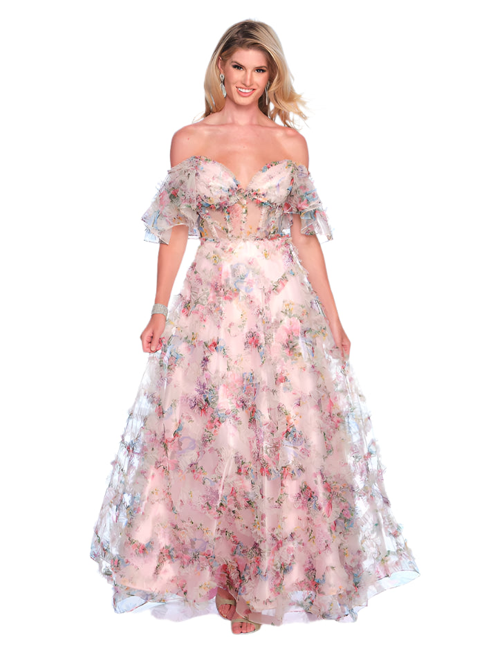 Cap sleeve dresses for womenDave & Johnny 11784 Size 00 Pink Print Sheer Corset Pleated A Line Prom Dress Ruffle Sleeve Formal Gown