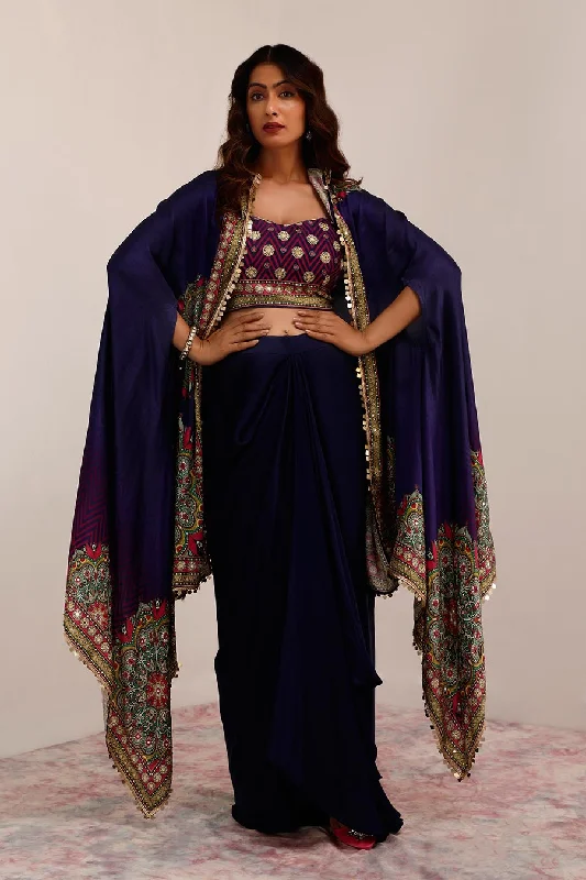 women's suit sets with metallic finishesIndigo Kaashni Cape Co-Ord Set