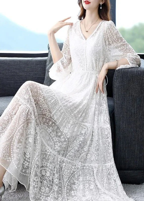 Cap sleeve dresses for womenWhite Lace Up Nail Bead Long Dresses V Neck Summer