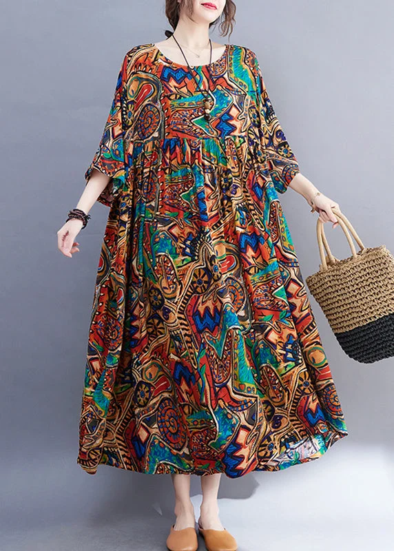 Handmade dresses for unique fashion statementsNatural Yellow O-Neck Print Wrinkled Long Dress Spring