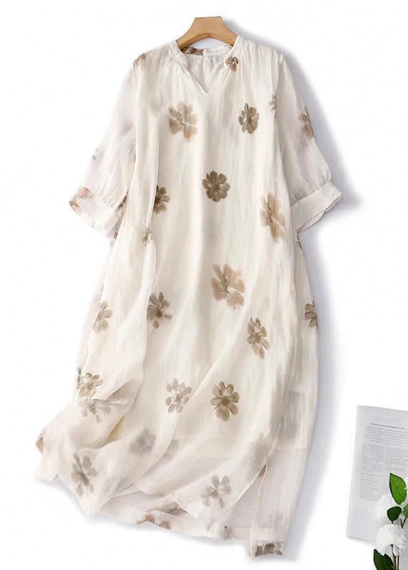 Round-neck dresses for womenRetro Apricot V Neck Print Linen Long Dresses Summer