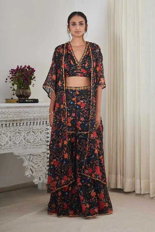 women's suit sets with beaded embellishmentsBlack Sohan Printed Bralette, Shrug & Gharara Co-Ord Set