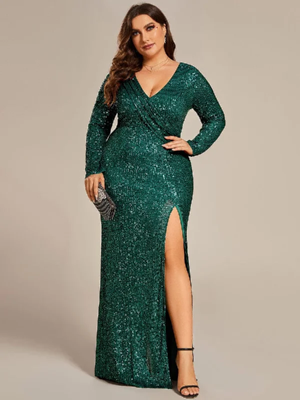 Fit-and-flare dresses for womenPlus Size Dazzling Sequin V-Neck Long Sleeves Bodycon High Slit Evening Dress