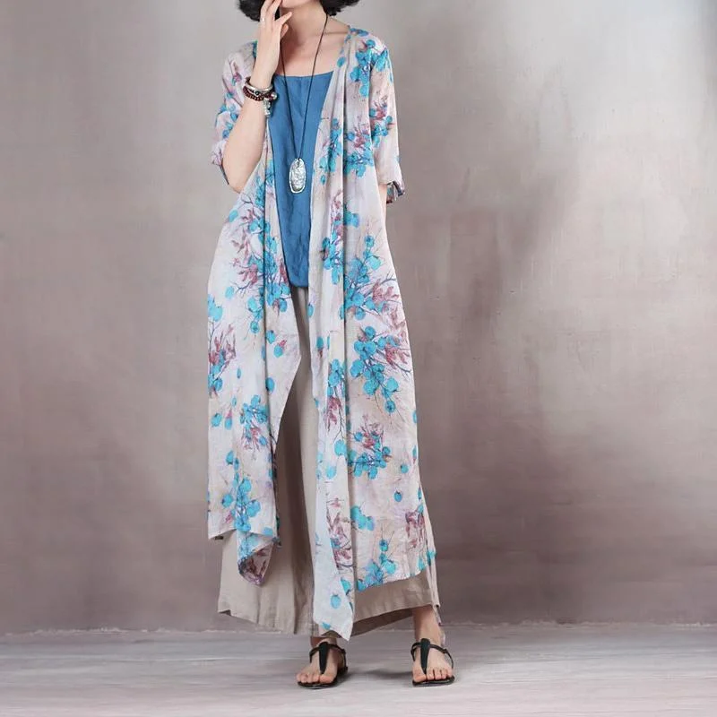 Loose-fitting dresses for womenvintage blue floral long linen dresses plus size v neck linen gown vintage half sleeve tie waist kaftans