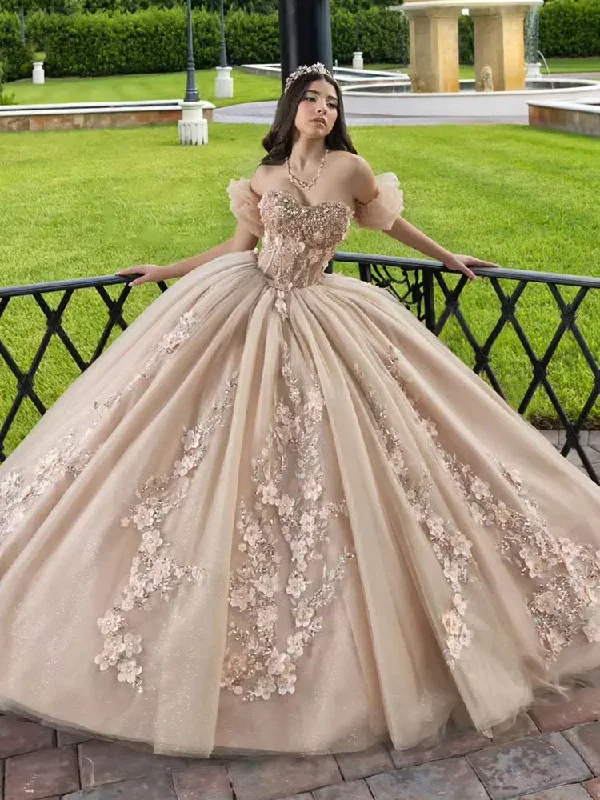 women's suit sets with machine-washable fabricsChampagne Detachable Sleeve Crystal Beading Ball Gown Quinceanera Dresses 3D Flowers Appliques Lace Corset Vestidos De 15 Años