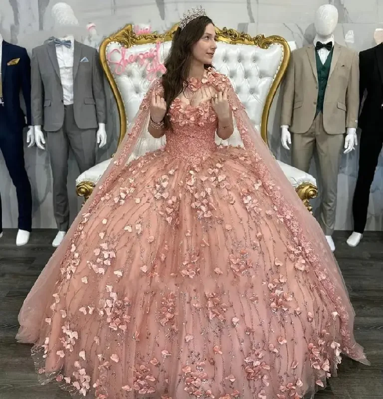 women's suit sets with embroidered patternsRose Gold 3D Flowers Crystal Quinceanera Dress With Cape Appliques Beading Tassel Corset Vestidos De XV Anos sweet 15