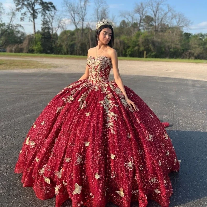 women's suit sets with satin liningsRed Sweetheart Ball Gown Quinceanera Dresses Gold Applique Bow Crystal Beading Off the Shoulder Ribbons Corset Vestido De 15Anos