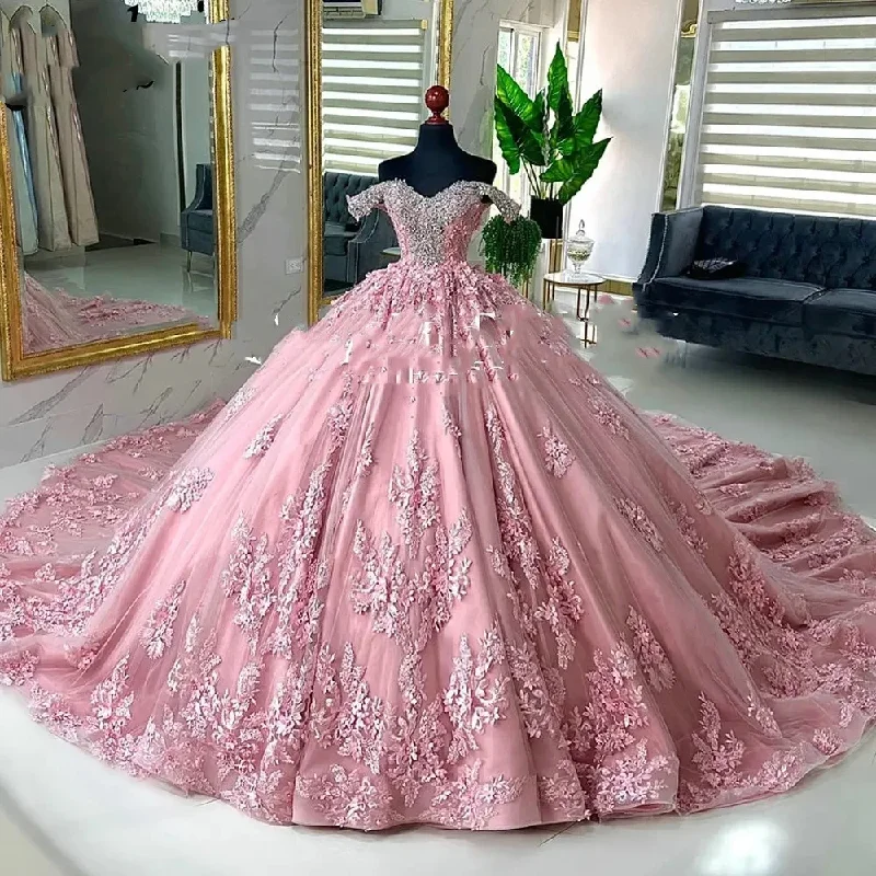women's suit sets with convertible hemsPink Crystal Beading Off The Shoulder Ball Gown Quinceanera Dresses Appliques Lace Corset