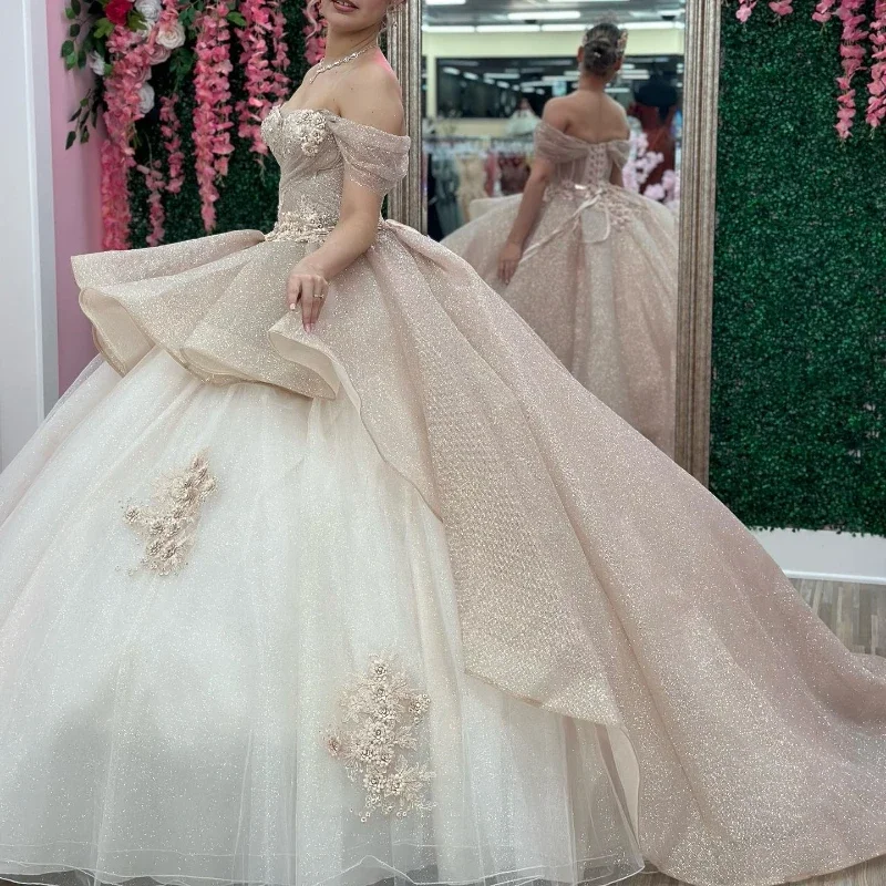 women's suit sets with handbagsIvory Glitter Crystal Ruffles Ball Gown Quinceanera Dresses Off The Shoulder Applique Beading Corset Vestido De 15 Anos