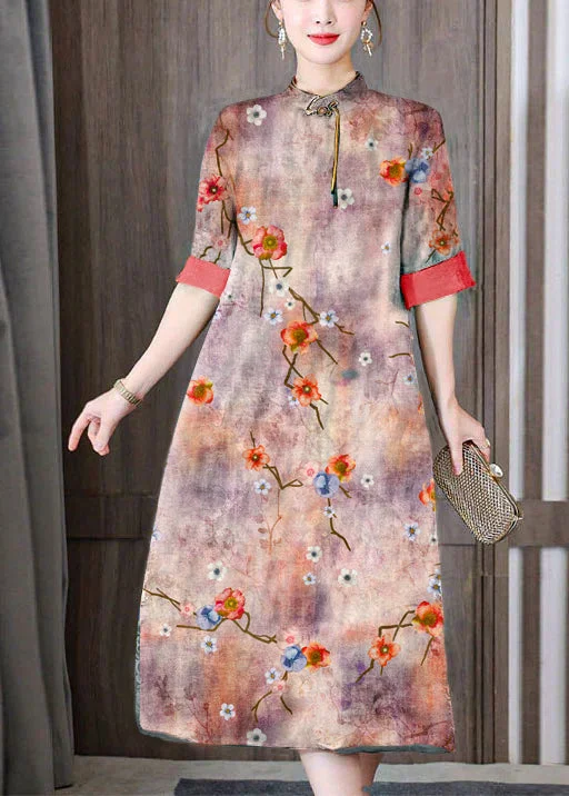 Smock dresses for womenOrange Silk Long Dress Mandarin Collar Zippered Short Sleeve