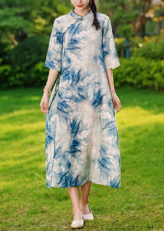 Batwing sleeve dresses for womenElegant Blue Button Print Lace Up Linen Long Dresses Summer