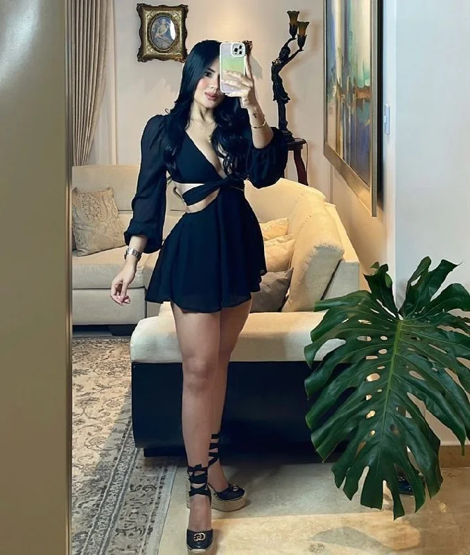 Batwing sleeve dresses for womenBlack A-line Waist Cut-out Homecoming Dress,Black Cocktail Dress  Y4302