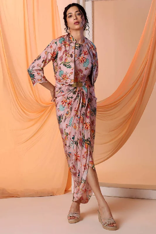 women's suit sets with fitted bodiesPink Arani Printed Drape Dress & Jacket Set