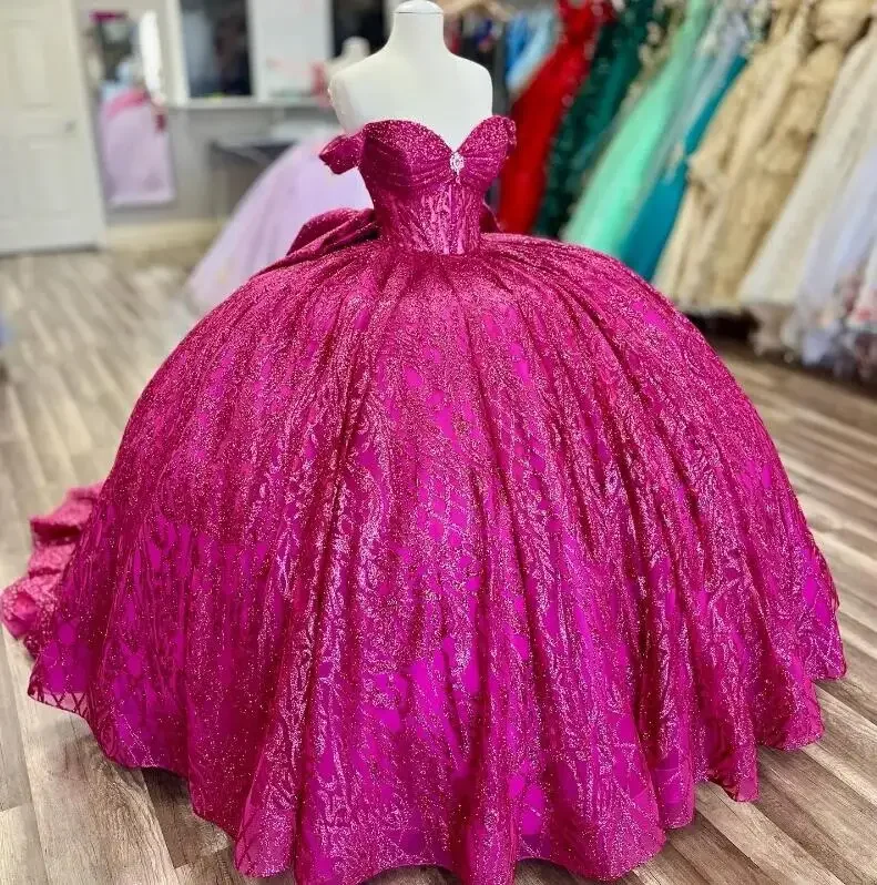 trendy women's outfit combinationsFuchsia Pink Glitter Crystal Sequined Quinceanera Dresses Ball Gown Off The Shoulder Beading Tull Corset Vestidos 15 De XV Anos