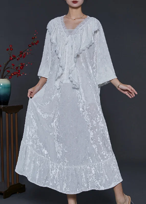 High-low hem dresses for womenFrench White V Neck Ruffles Silk Velvet Long Dress Fall
