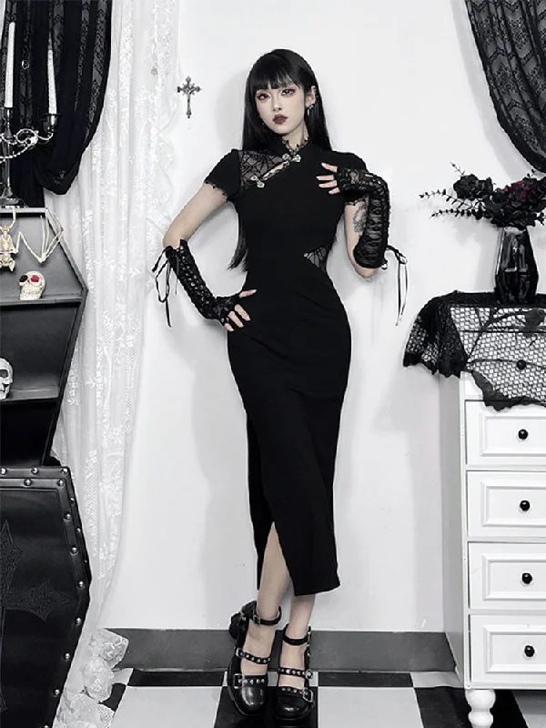 Evening women's dressesSpliced Cheongsam Vintage Lace Patchwork Bodycon Slim Chinese Short Sleeveless Dress
