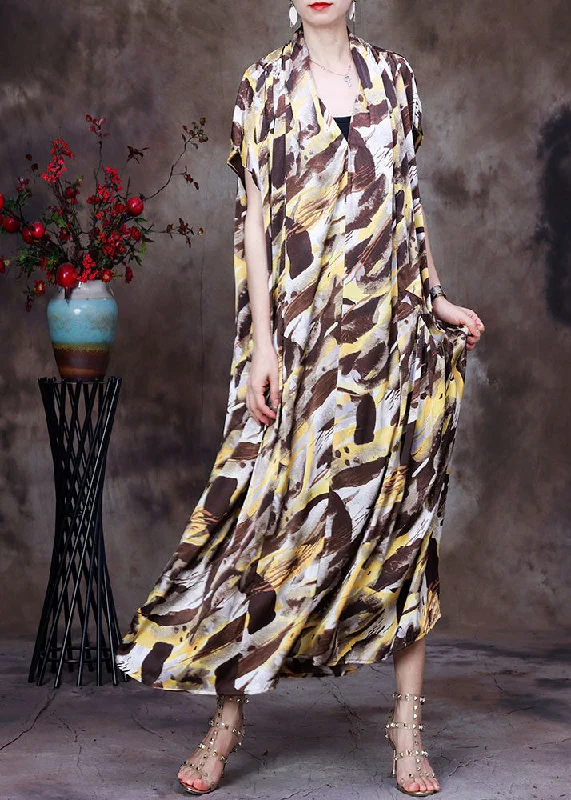 Motherhood dresses for pregnant womenStyle Chocolate Yellow V Neck Camouflage Print Silk Holiday Long Dress Short Sleeve