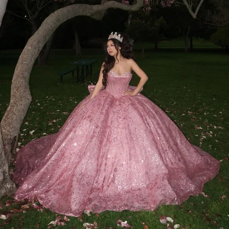 women's suit sets for plus sizesPink Shiny Off The Shoulder Ball Gown Quinceanera Dresses Sweetheart Sequined Beads Crystal Lace Tull Corset Vestidos De 15 Años