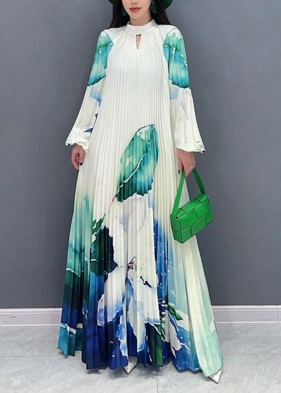 Tall women's dressesElegant Green Turtleneck Print Tie Waist Long Dresses Long Sleeve