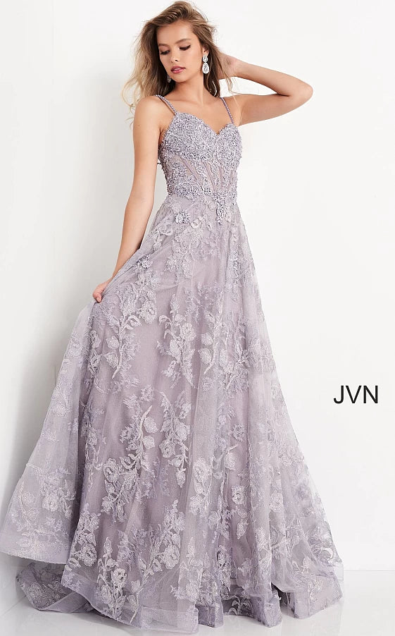 Spring dresses for blossoming stylesJovani 02266 floral embroidered A line prom dress evening gown plunging v neckline
