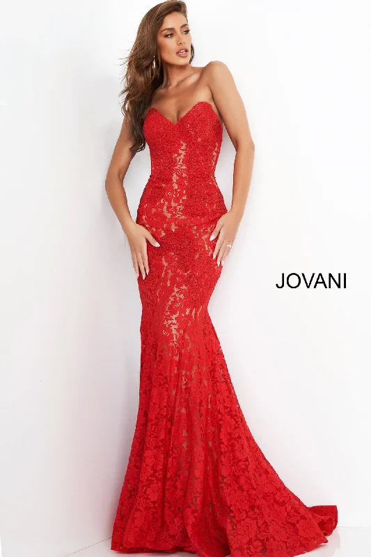 Handmade dresses for unique fashion statementsJovani 37334 strapless embellished lace prom dress Fitted Mermaid Long peak point neckline