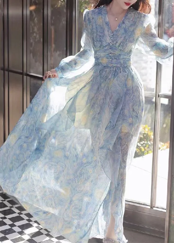 Women's casual dressesNew Blue V Neck Print Chiffon Long Dresses Long Sleeve