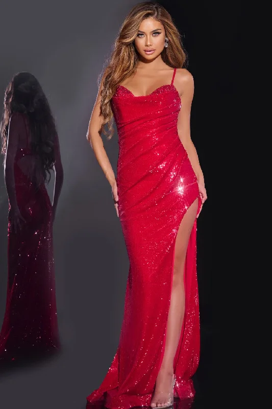 Plus-size dresses for womenJovani 42379 Long Sequin Backless Formal Dress Cowl Neck Prom High Slit Gown Crystal Sweetheart