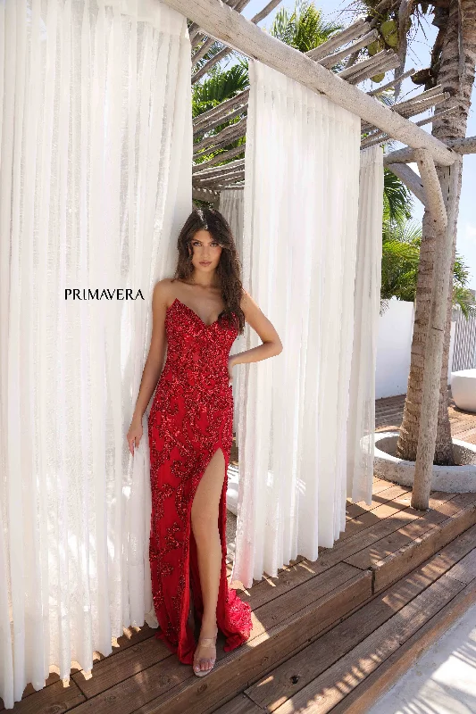 Embroidered dresses for womenPrimavera Couture 4356 Size 2,6 Red Fitted Beaded Sequin Prom Dress Corset Formal Evening Gown Slit