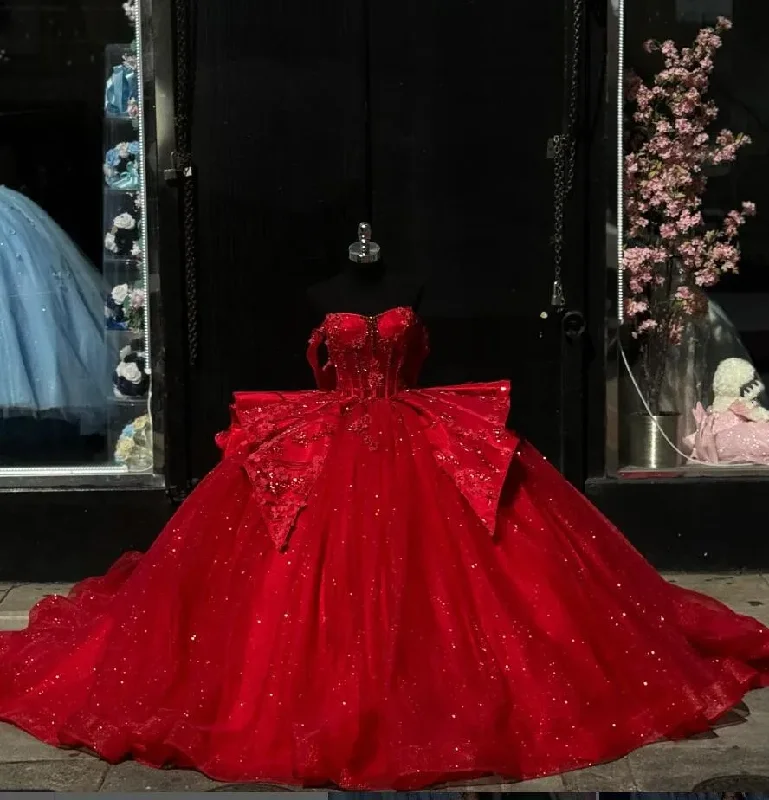women's suit sets with glossy finishesRuby Red Sparkly Princess Quinceanera Dresses Gillter Off Shoulder Floral Applique Corset