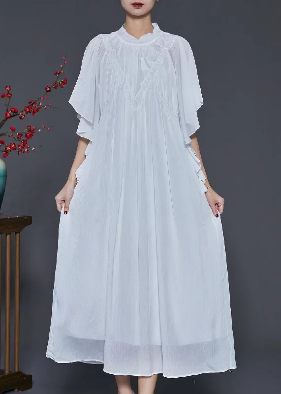 Sweetheart neckline dresses for womenWomen White Wrinkled Chiffon Long Dresses Butterfly Sleeve