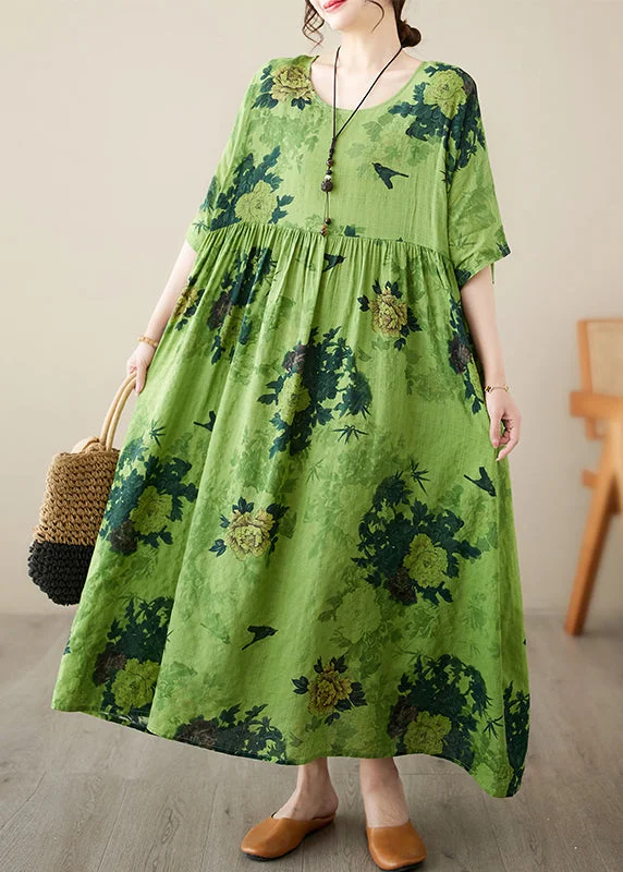 Elegant women's dressesStyle Green Print Wrinkled Long Dresses Half Sleeve
