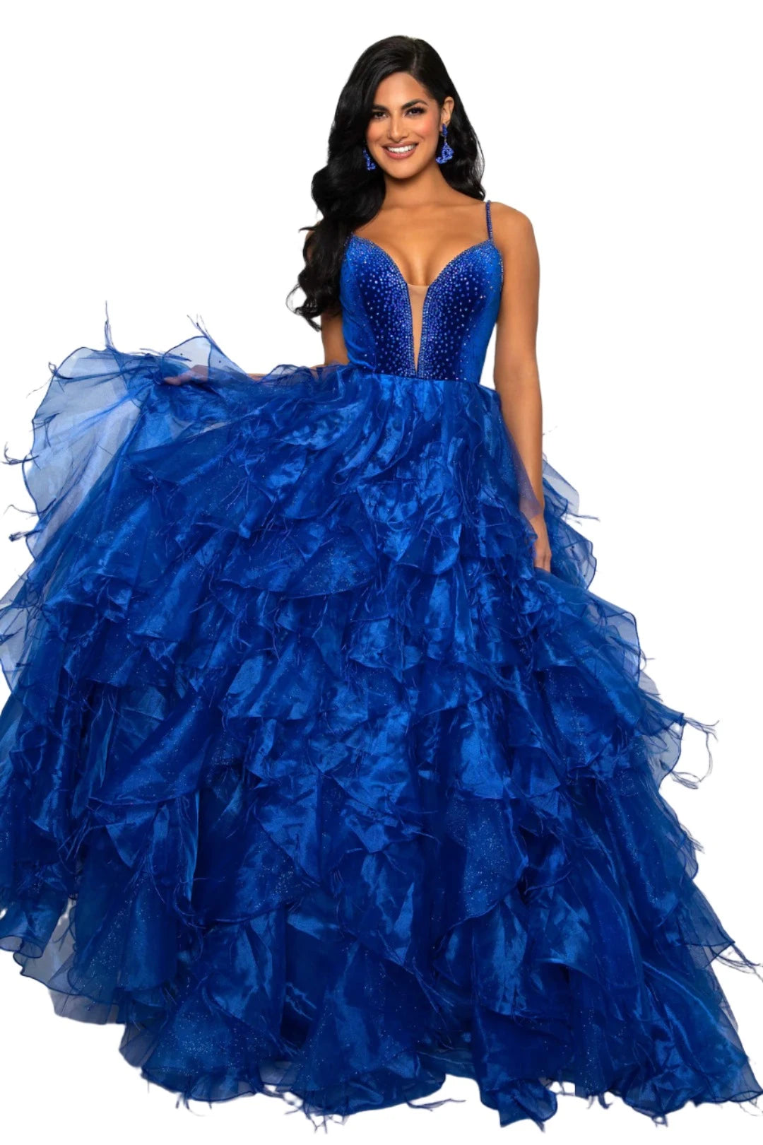 Flutter sleeve dresses for womenAva Presley 39554 Size 10,14 Royal Feather Velvet Dress A Line Ruffle Ballgown V Neck Formal Pageant Prom