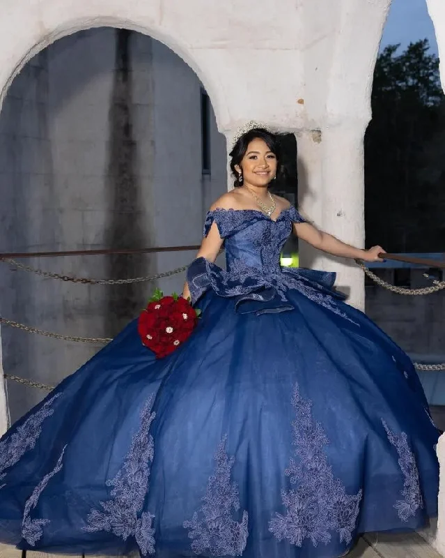 women's suit sets with matte finishesRoyal Blue Princess Quinceanera Dresses Off Shoulder Gillter Applique Puffy Skirt Corset