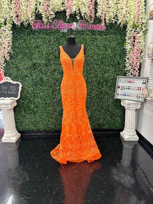 Tight-fitting dresses for womenJohnathan Kayne 31575 Size 4 Orange Lace V Neck Fitted Formal Prom Dress