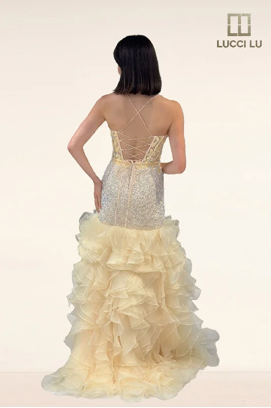 Glamour dresses for red carpet appearancesLucci Lu 1395 Size 0, 8 Yellow Sheer Sequin Mermaid Prom Dress Ruffle Slit Formal Dress Corset Fit & Flare Gown