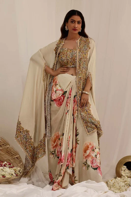 women's suit sets with sequined accentsBeige Gul Kand Embellished Cape Co-Ord Set