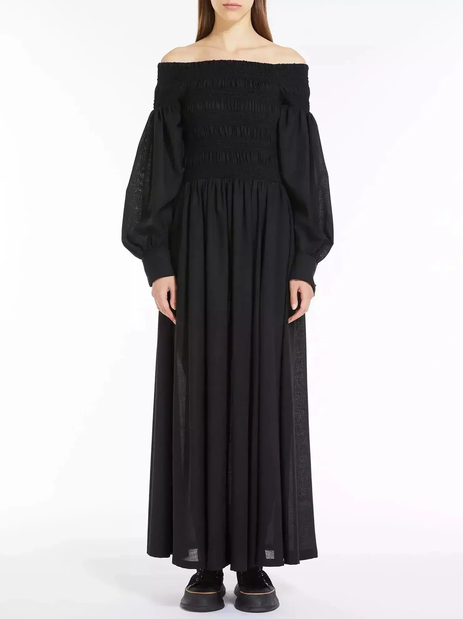 Handmade dresses for unique fashion statementsOff-Shoulder Pleat-Detail Long Black Dress