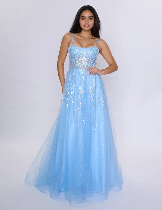 Tight-fitting dresses for womenNina Canacci 1587 Size 4 Blue Sheer Corset Prom Dress A Line Sequin Scoop neck formal ballgown