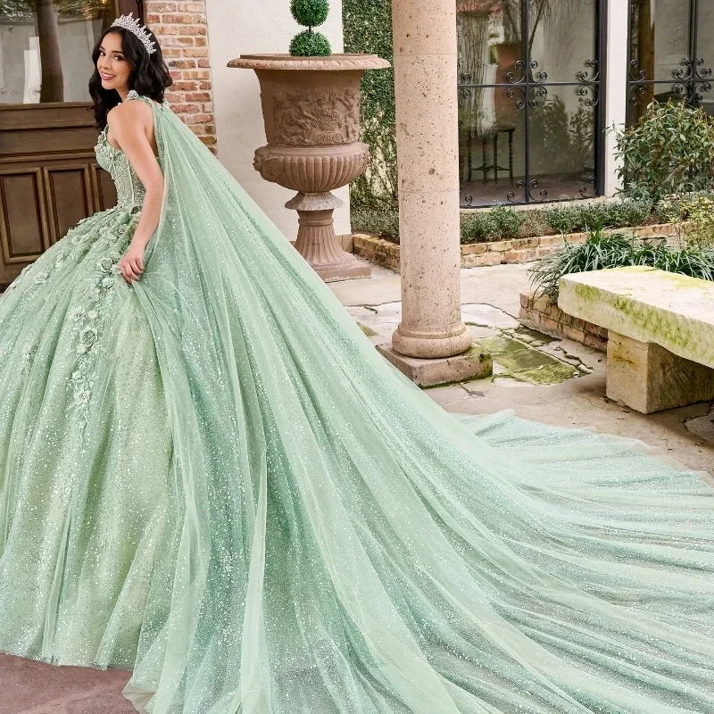 women's suit sets with high-slit skirtsGreen Quinceanera Dress Tulle Shining Applique Corset Sexy Vestidos De Elegant Pageant Princess Birthday Evening Ball Gown