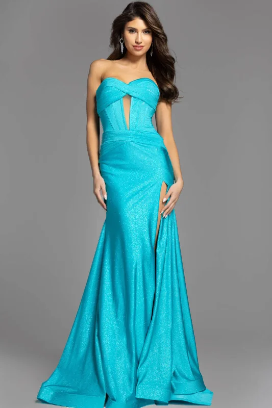 High-neck dresses for womenJovani 43419 Strapless Shimmer Cutout Prom Dress Strapless Ruched High Slit Formal Evening Gown