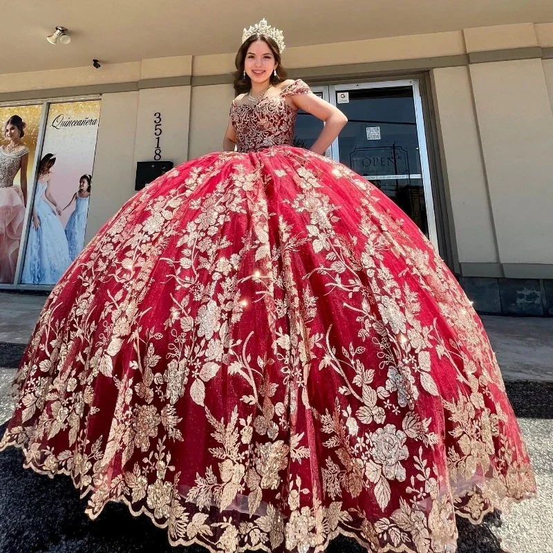 women's suit sets with sequined accentsRed Glitter Sequined Ball Gown Quinceanera Dresses Off The Shoulder Gold Applique Lace Corset Vestidos De 15 Años