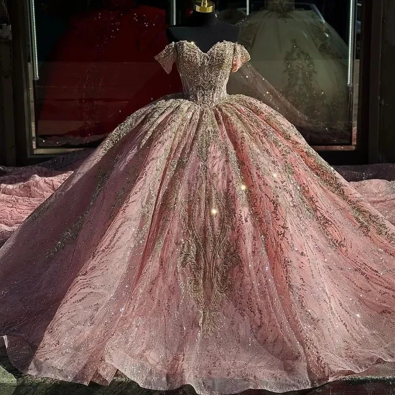 women's suit setsPink Glitter Ball Gown Quinceanera Dresses Off The Shoulder Gold Applique Lace Beading Tull Corset Vestidos De 15 Años